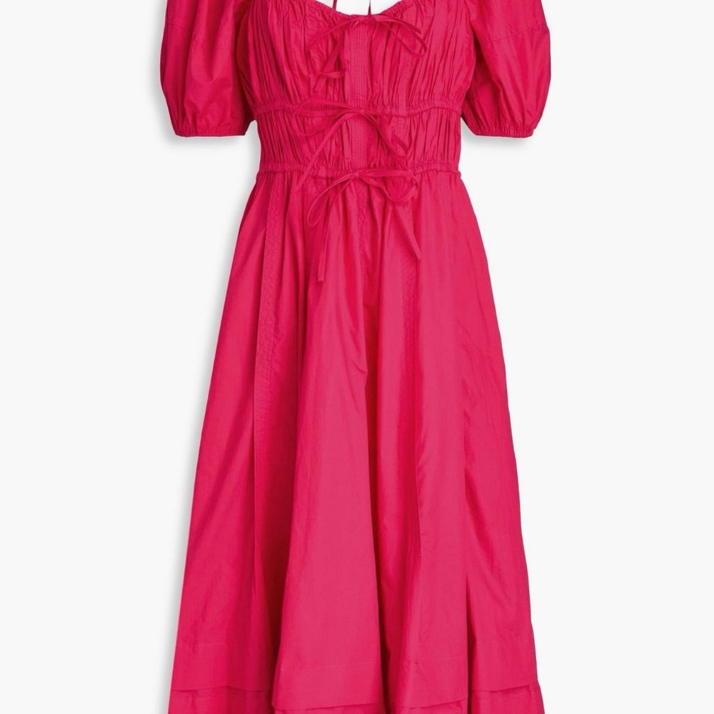 Ulla Johnson Pink Midi Dress with Sweetheart Neckline and Puff Sleeves